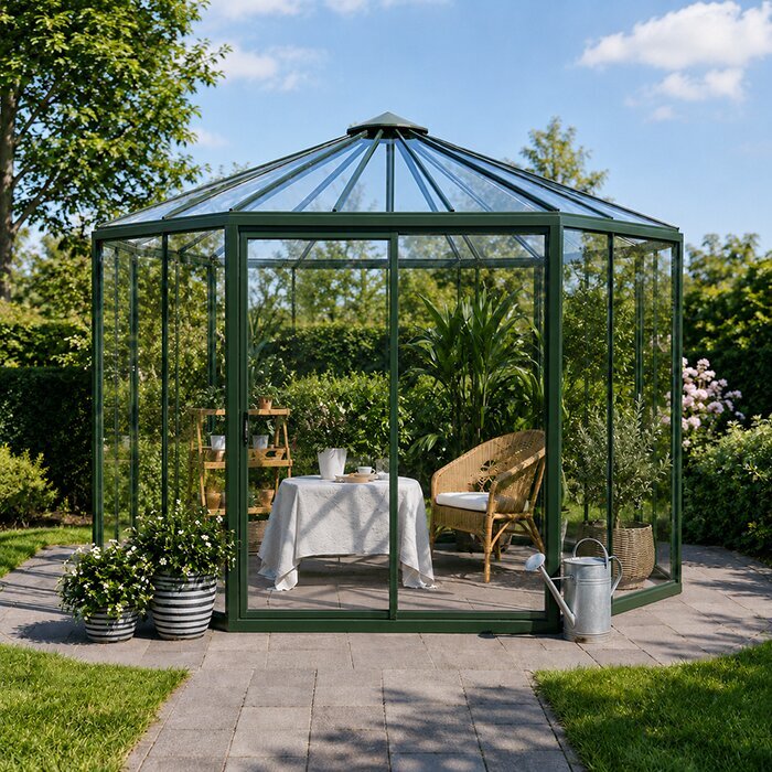 Lyxfönster Hexagon som glasad sexkantig paviljong i trädgården