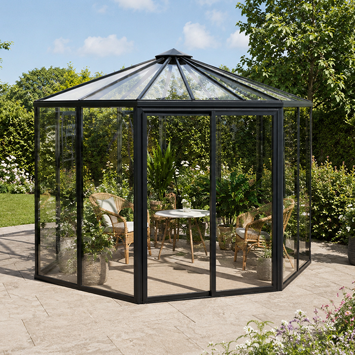 Översikt av sexkantiga Lyxfönster Hexagon med aluminiumram och glaspaneler