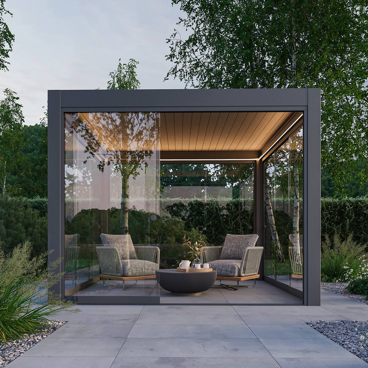 Väggnära pergola där takavvattning och terrassens fall behöver samordnas