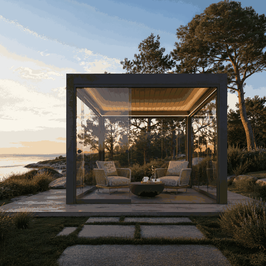 Aluminiumpergola med stolpar som kan rymma integrerad vattenavledning