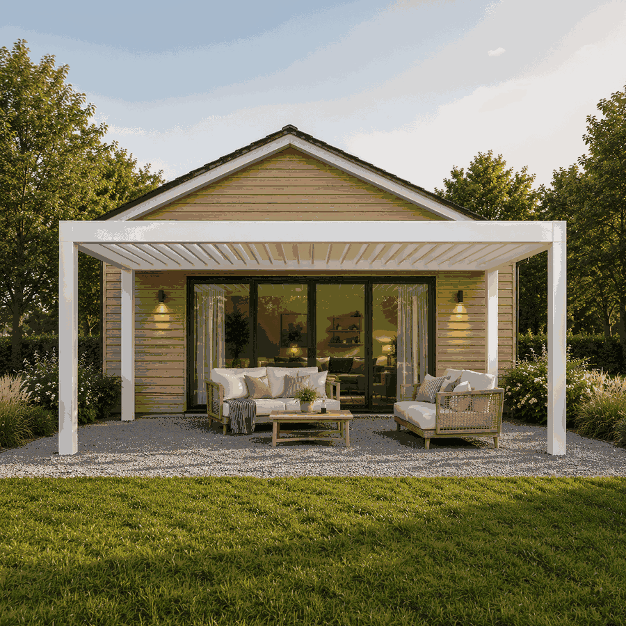 Modern fristående pergola med lamelltak på en planerad svensk uteplats