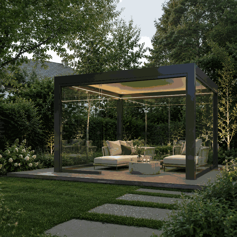 Pergola med stängda taklameller som leder regnvatten mot takramen