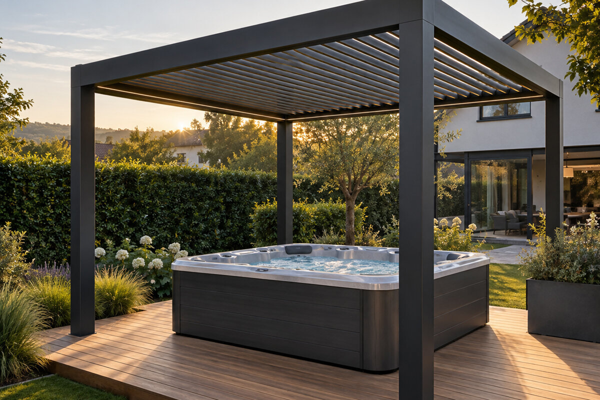 Pergola över spabad – tänk på mått, ventilation och skydd