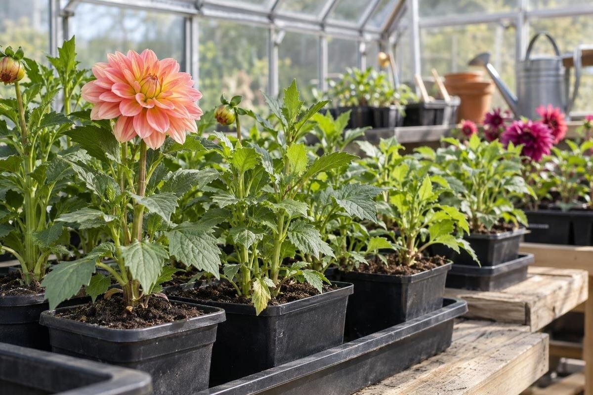 Förodla dahlior i växthus inför utplantering