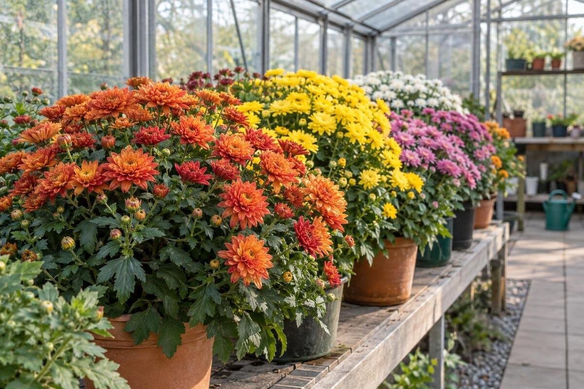 Krysantemum i växthus – stöd, ljus och blomning