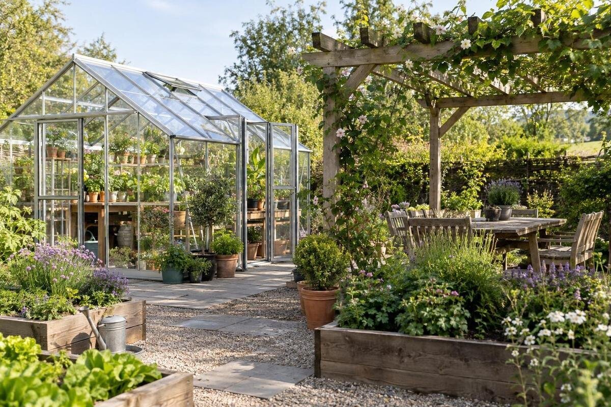 Planera växthus och pergola i samma trädgård