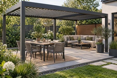 Matplats och lounge under en pergola – planera två zoner