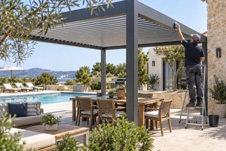 Pergola vid ett uthyrningsboende – för gäster och ägare