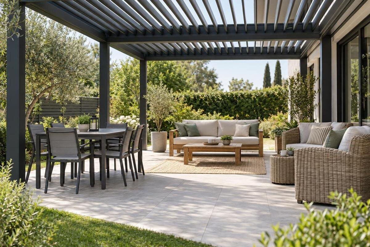 Jämför utemöbler för pergolan: trä, aluminium och konstrotting