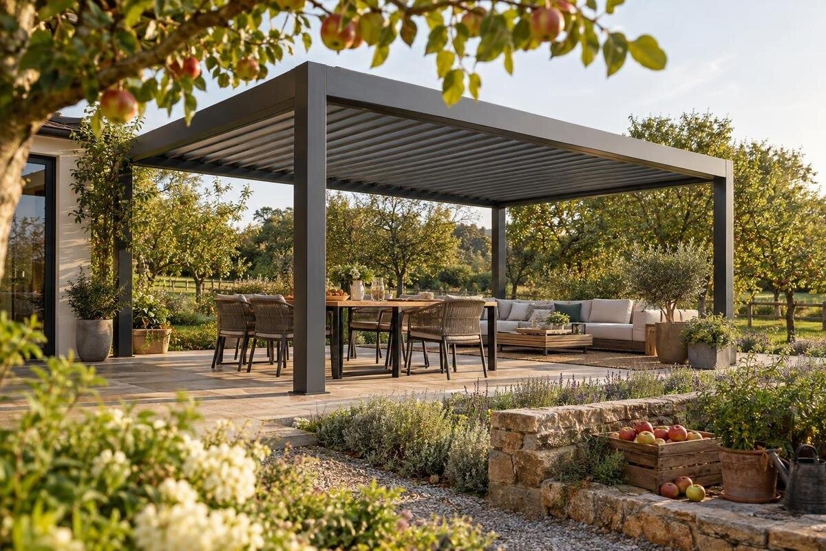 Köp en stor pergola för matplats och loungeyta