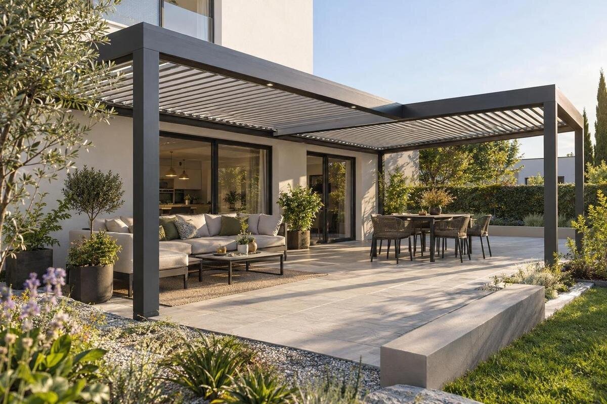 Så köper du en pergola till en L-formad terrass