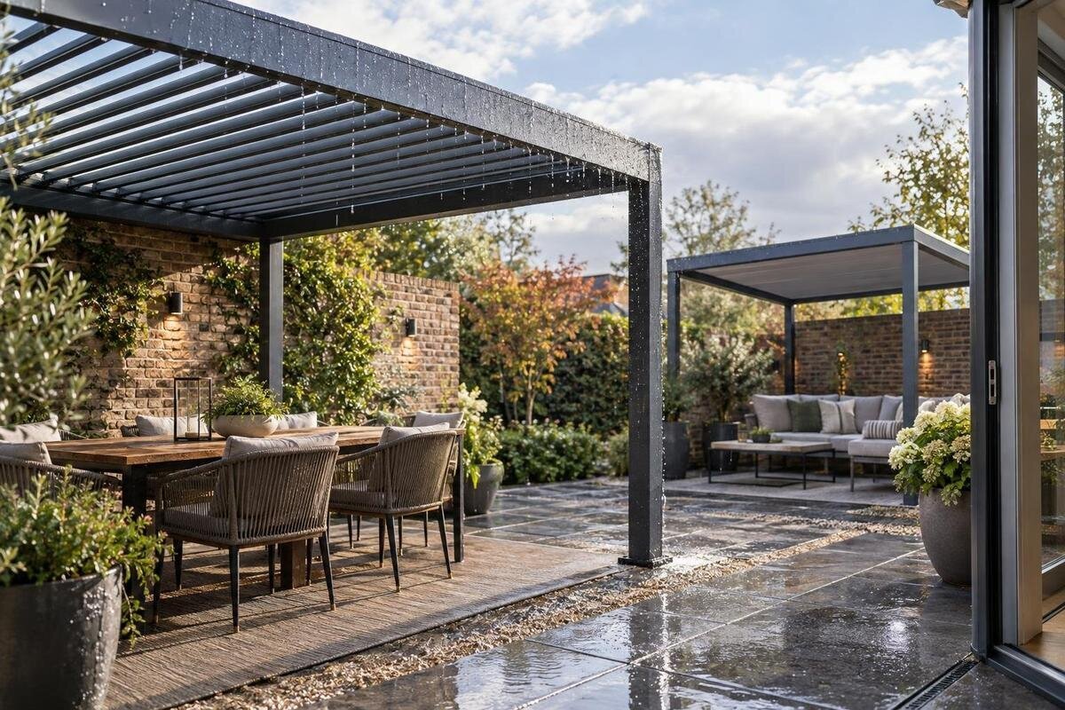 Köpa pergola för regnskydd – vad taket och avrinningen klarar
