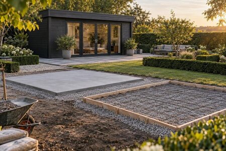 Betongplatta som grund till ett trädgårdshus i trä