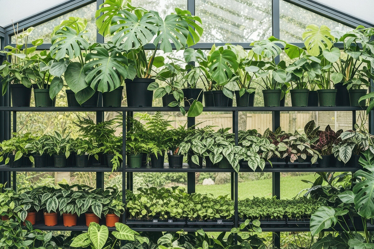 Krukväxter i växthus på sommaren | Skugga + takfönster | Lyxfönster.se